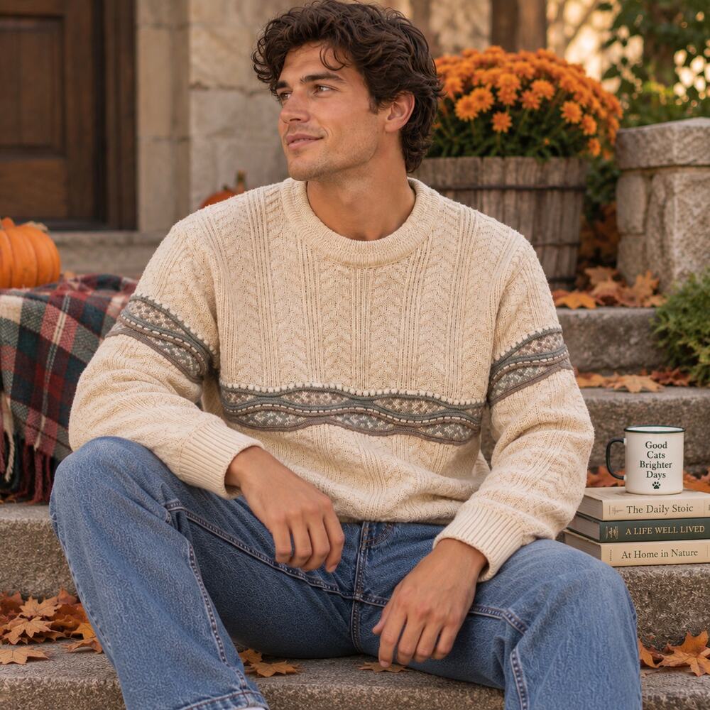 Vintage 90s Sz L Functionals Cream Cable Knit Fair Isle Sweater Retro Cabincore